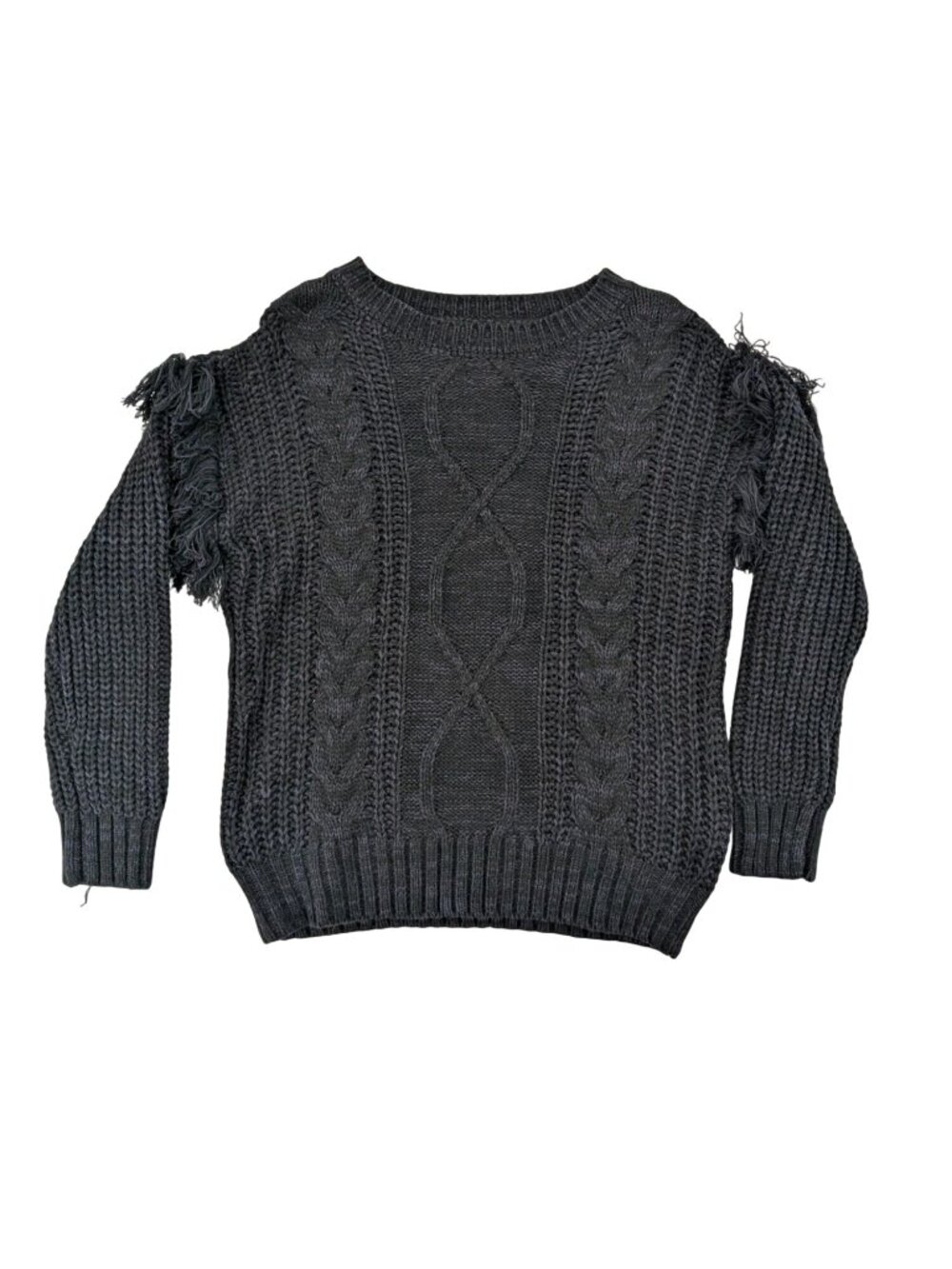 Cable Knit Fringe Sweater Pullover Boho Cottage Chunky Relaxed Fit Cozy Small